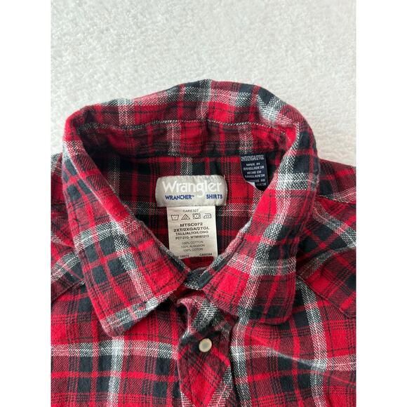 Wrangler Wrancher Red Plaid Mens 2XL TALL Pearl Snap Flannel Western Shirt - Picture 6 of 6